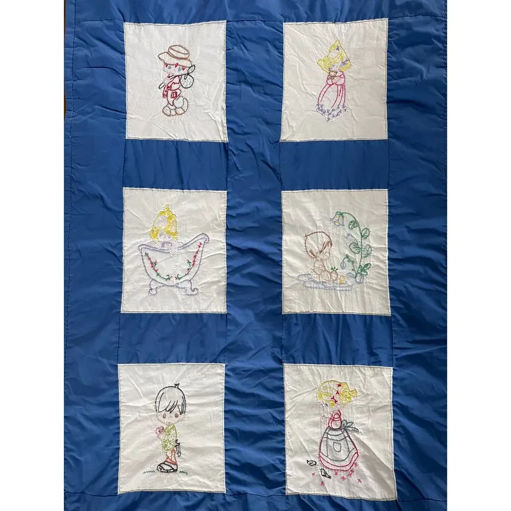 Vintage Hand Embroidered Child’s Quilt – Blue & White Precious Moments Style